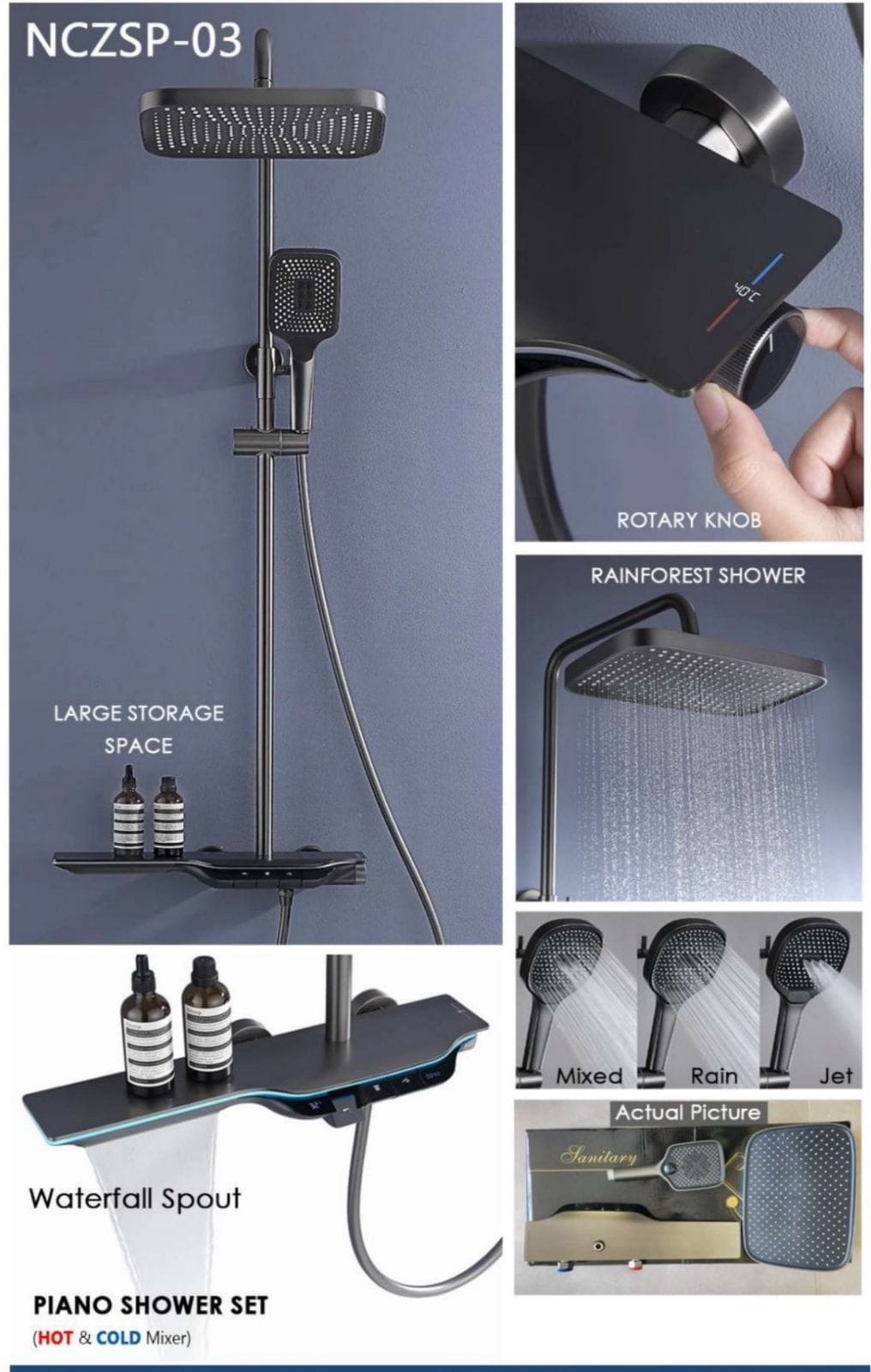 Large Storage with Waterfall Spout Shower Set M.No,. Seaborn 003