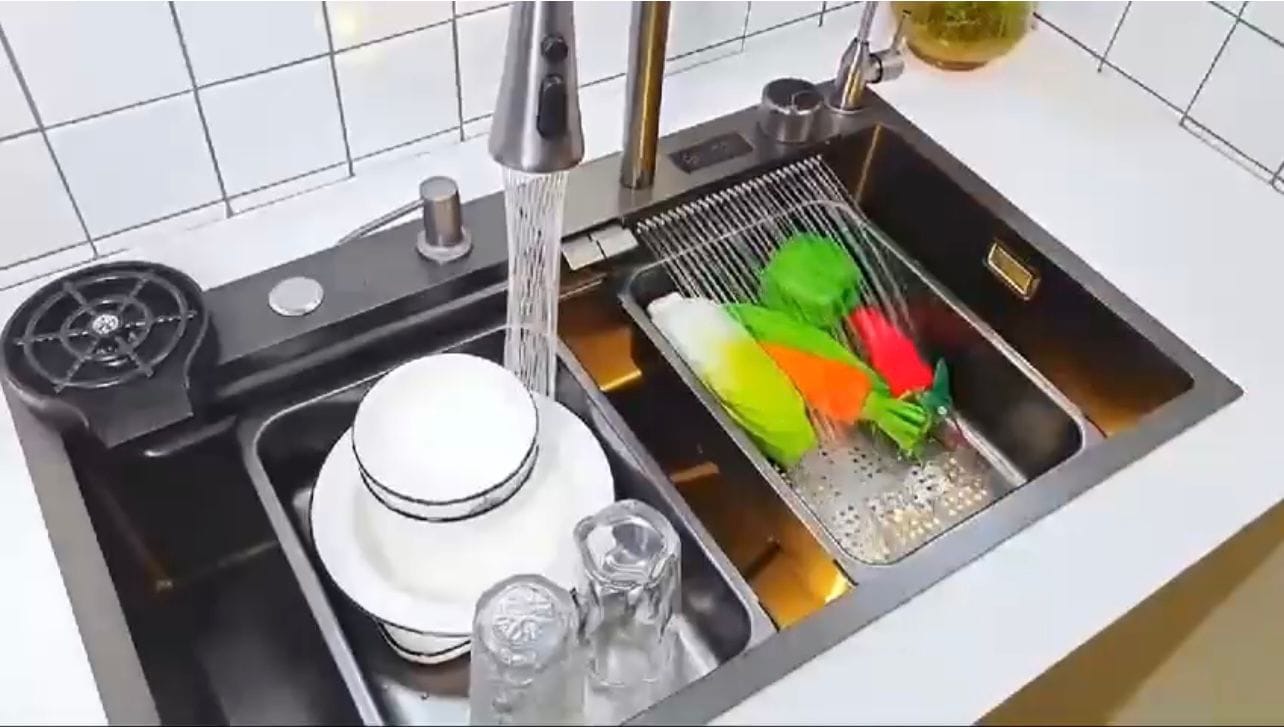 2 Buttons Piano Finished Water Fall Kitchen Sink 30x18x10 Inch